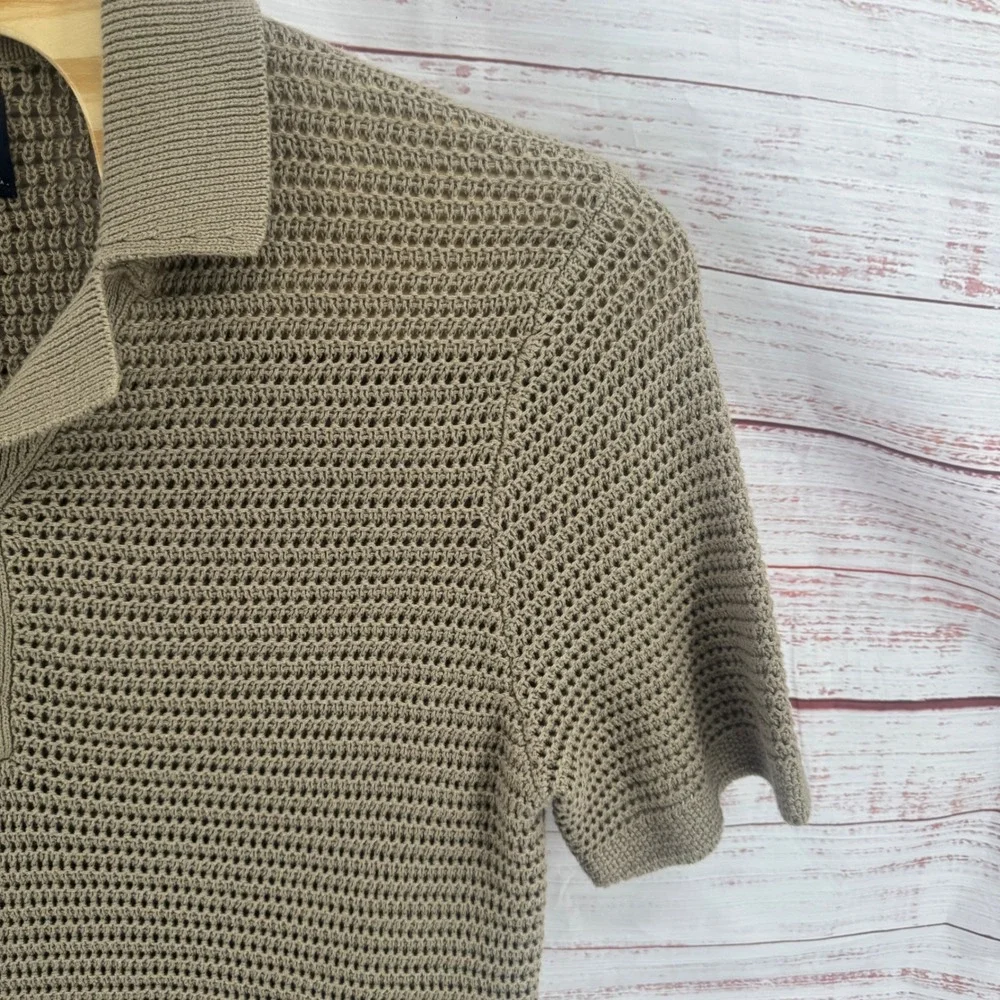 Abercrombie & Fitch Polo Shirt Mens Medium Taupe Brown Crochet Open Stitch